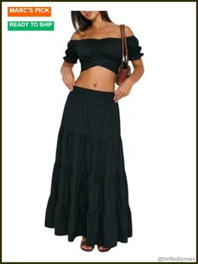 Boho 2 Piece Skirt Set Ruffle Crop Top Maxi Skirt Vacation Outfit